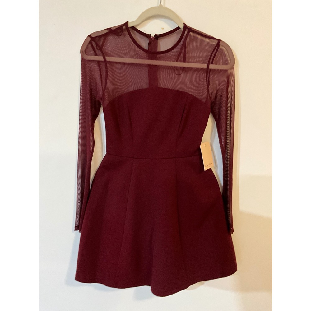 City Vibe Burgundy Mesh Long Sleeve Fit and Flare Skater Dress XS NWT